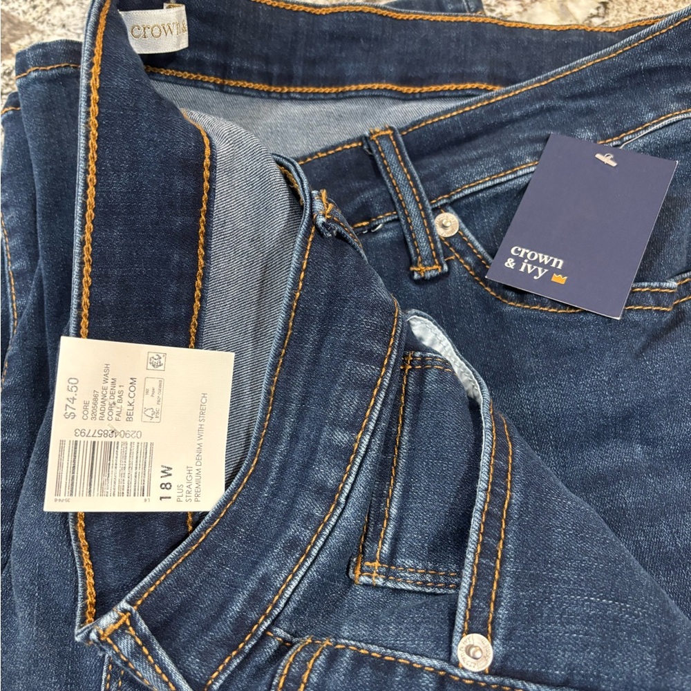 Crown & Ivy Indigo Jeans with Gold Stitching